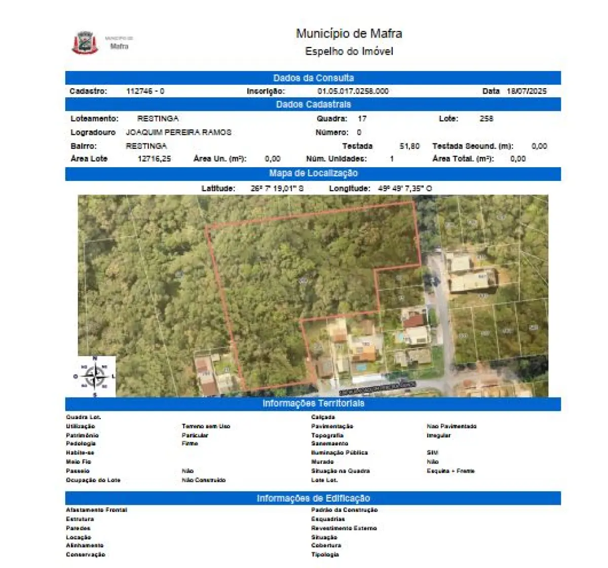 LOTE 001 - Imóvel de 11.640,40m², Cento II Alto de Mafra,  MAfra/SC.